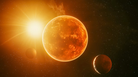 Dynamic illustration showing a luminous central star, two orbiting planets, and a shimmering backdrop of countless distant stars in deep space.の写真素材