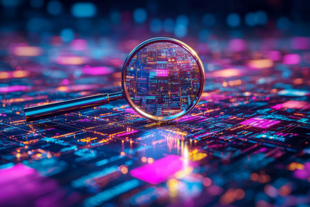 A digital expert examines a vibrant, glowing data web with a high-tech magnifying glass, illustrating advanced analysis and cybernetic innovation.の写真素材