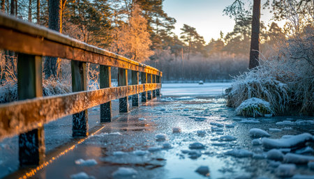 A serene winter scene featuring a frozen trail beside a calm lake, framed by snow-laden shrubs and...
