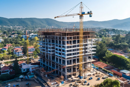 Building construction in progress. construction crane erecting an unfinished tall structure