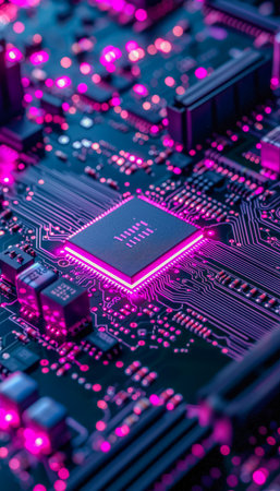 A detailed view of a high-tech circuit board showing glowing pink-purple LEDs, emphasizing modern electronics and futuristic design.の写真素材