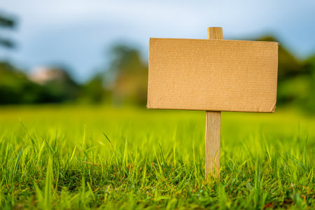 An unmarked cardboard held panel by a rustic wooden pole stands amidst lush green grass, inviting space for messages with natural outdoor charm.の写真素材