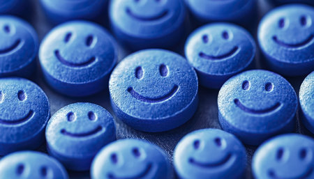 Cheerful blue capsules with carved smiling faces evoke happiness and positivity, perfect for health, wellness, or mood-lifting themes.の写真素材