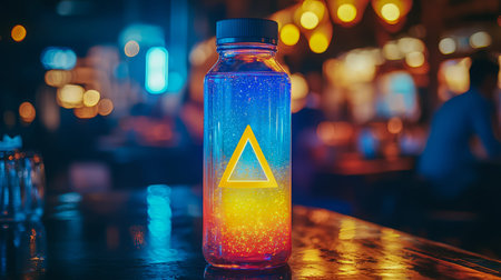 Vibrant, glow-lit bottle featuring a sleek geometric emblem enhances the energetic ambiance of a...