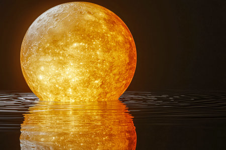 A luminous night scene with a radiant moon casting a shimmering mirror image across calm waters,...