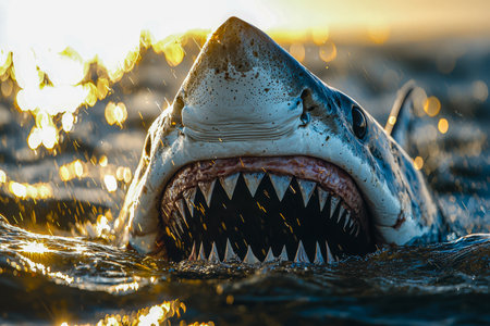 A fearsome great white shark breaches the sea?s surface during sunset, its jagged teeth visible,...
