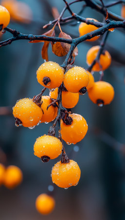 Juicy orange berries adorned with glistening water droplets, set against a dark, textured branch, evoking freshness and vibrant nature scenes.の写真素材