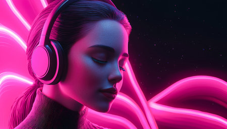A stylish young woman enjoys music mid-air, surrounded by glowing pink streaks and twinkling stars, creating an energetic, futuristic atmosphere.の写真素材