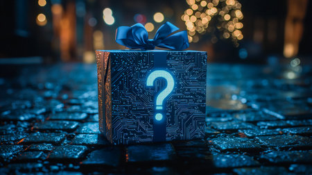 A glowing, tech-inspired package rests on glistening cobblestones under night lights, symbolizing mystery and innovation in a cybernetic urban settingの写真素材