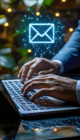 A professional working on a sleek laptop, illuminated by a glowing email symbol and shimmering...