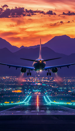 A sleek jet touches down on a glowing runway at dusk, with majestic mountains lining the horizon, creating a tranquil yet dynamic scene.の写真素材