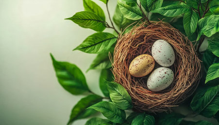 A cozy bird's cradle filled with speckled eggs nestled amid vibrant, verdant foliage, evoking...