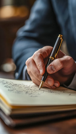 A professional in formal attire jotting notes with a classic fountain pen, focused on detail, conveying concentration and executive activity.の写真素材