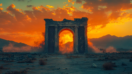 A weathered stone gateway stands amidst fiery hues in a arid desert, with rugged mountains framing...