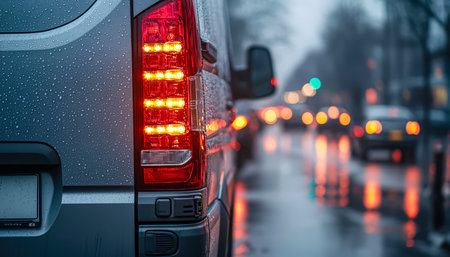 Raindrops shimmer on a car's taillight, city lights blur into a bokeh backdrop, capturing a moody, atmospheric urban rainy evening scene.の写真素材