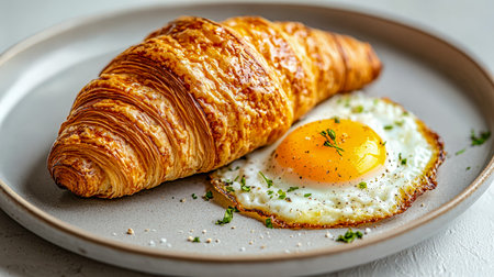 A golden, crispy pastry paired with a perfectly fried, runny yolk on a rustic ceramic plate, evoking...