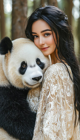 A woman embraces a gentle panda amid lush trees, capturing a moment of harmony and innocence in a serene woodland environment.のeditorial素材