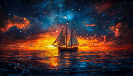 A serene vessel glides softly over tranquil sea reflections as twilight falls, with a glowing...