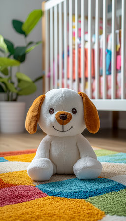 An adorable soft puppy plushie rests on a vibrant, patterned carpet, with a nursery setting featuring a cozy crib and a lush houseplant nearby.の写真素材