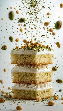Moist layered cakes crowned with vibrant green accents, surrounded by crushed pistachios and dusted powder, captured mid-splash for a lively, indulgenの写真素材