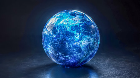 A radiant globe displaying Earth's vivid blue seas and dynamic cloud patterns against a dark backdrop, ideal for global innovation or technology themeの写真素材