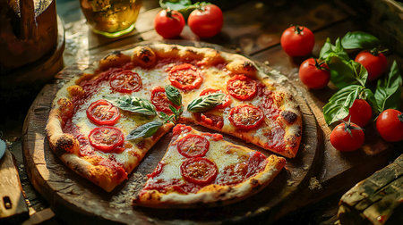 A savory pizza topped with vibrant tomato slices and fragrant basil, displayed on a rustic wooden board, with fresh cherry tomatoes and basil enhancersの写真素材