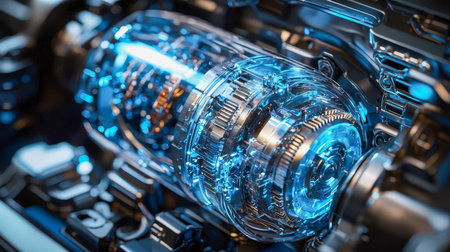A sleek, advanced machine featuring luminous blue highlights, complex gears, and...