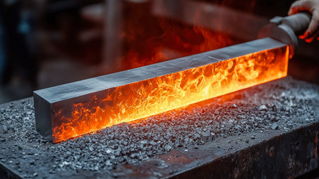 Bright molten metal curves as a blacksmith expertly shapes it, emitting an intense glow amid a...