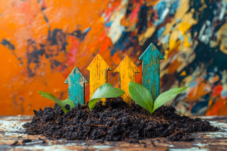 Vibrant wooden arrows in rainbow hues point upward from rich soil, symbolizing development and success amid an artistic, colorful backdrop.の写真素材