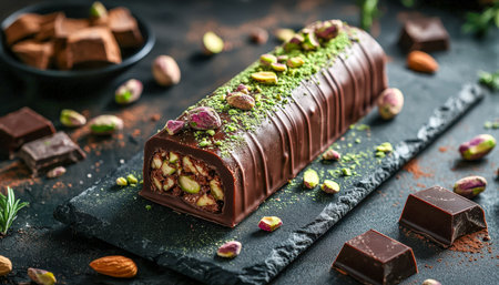 A decadent chocolate and pistachio dessert shaped into a log, adorned with chopped nuts and vibrant green accents on sleek black stoneware.の写真素材