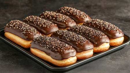 An inviting arrangement of glossy, chocolate-coated pastries decorated with vibrant multicolored...