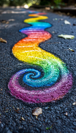 Vibrant pastel chalk artwork spirals across pavement, blending hues seamlessly in a cheerful rainbow...