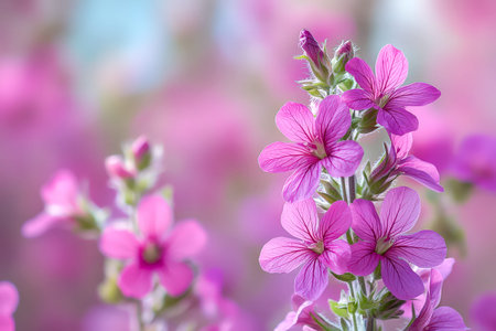 A detailed view of striking pink and purple blossoms set against a soft, colorful blur, evoking a...