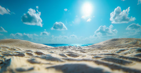 Sunlit shoreline stretching along a glistening sea, with soft golden grains meeting turquoise waters...