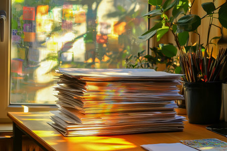 Morning sunlight streams through a window illuminating a cluttered desk paved with numerous...