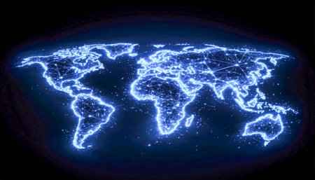 A glowing virtual globe highlights interconnected data pathways spanning continents, creating a...