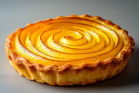 An elegant dessert featuring meticulously arranged peach slices in a spiral pattern atop a golden crust, glazed with a shiny, sweet glaze.の写真素材