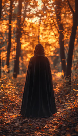 A mysterious silhouette cloaked in dark garments traverses a colorful fall woodland bathed in the warm glow of sunset, evoking a mystical atmosphere.の写真素材