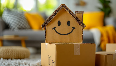 Cheerful cardboard cottage with a wide smile, surrounded by packed boxes, creating a warm, inviting atmosphere of transition in a snug home.の写真素材