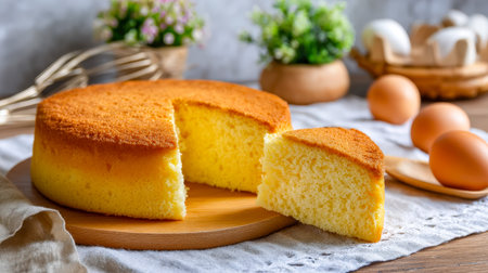 A golden, airy sponge cake rests on a rustic wooden platter, encircled by fresh eggs and vibrant...