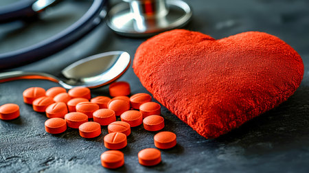 A meticulous display of vivid orange capsules complemented by a medical stethoscope and a plush heart, evoking themes of health and care on a sleek daの写真素材