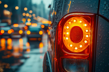 A vivid red brake light shines through raindrops on a wet night, adding a moody glow amid blurry...