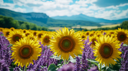 Bright yellow sunflowers and rich purple blooms stretch across rolling plains beneath a clear azure sky, with distant mountain peaks adding depth.の写真素材