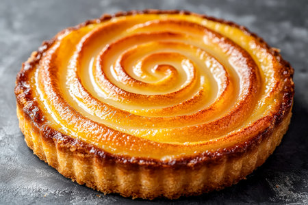 An inviting, detailed shot of a golden-brown pear tart featuring a mesmerizing spiral design, highlighting rich caramelization and flaky crust.の写真素材