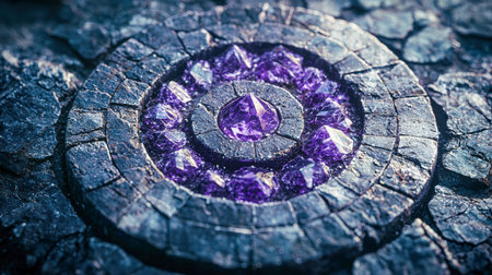 Vibrant violet jewels form a perfect ring, nestled within a weathered, fractured stone plane that contrasts organic roughness with elegant sparkle.の写真素材