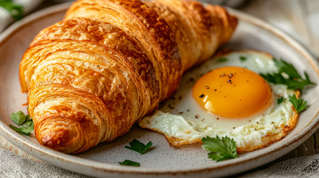 Warm, flaky pastry topped with a perfectly cooked egg and fresh herbs, presented on a handcrafted ceramic plate, evoking cozy breakfast vibes.の写真素材