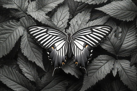 A delicate butterfly with intricate wing patterns gently perched on shadowy foliage, evoking tranquility and mysterious natural elegance.の写真素材