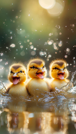 Playful, fluffy ducklings enjoying a splash in a shimmering pond, with soft out-of-focus lights...