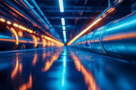 A sleek, high-tech corridor illuminated by shimmering blue and orange lights, creating a dynamic, otherworldly atmosphere for modern design use.の写真素材