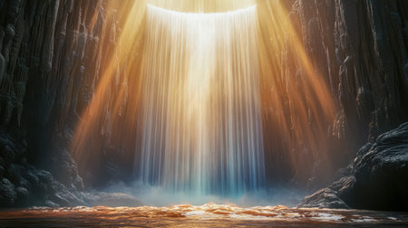 Soft sunlight filters through cascading water, illuminating misty air amid rugged canyon walls...